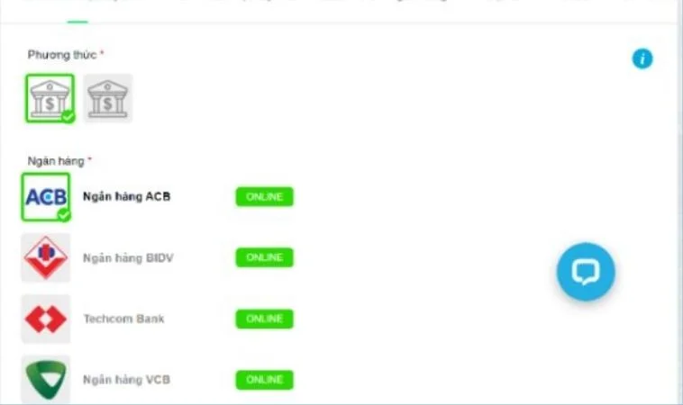 Giao diện nạp tiền Bet88